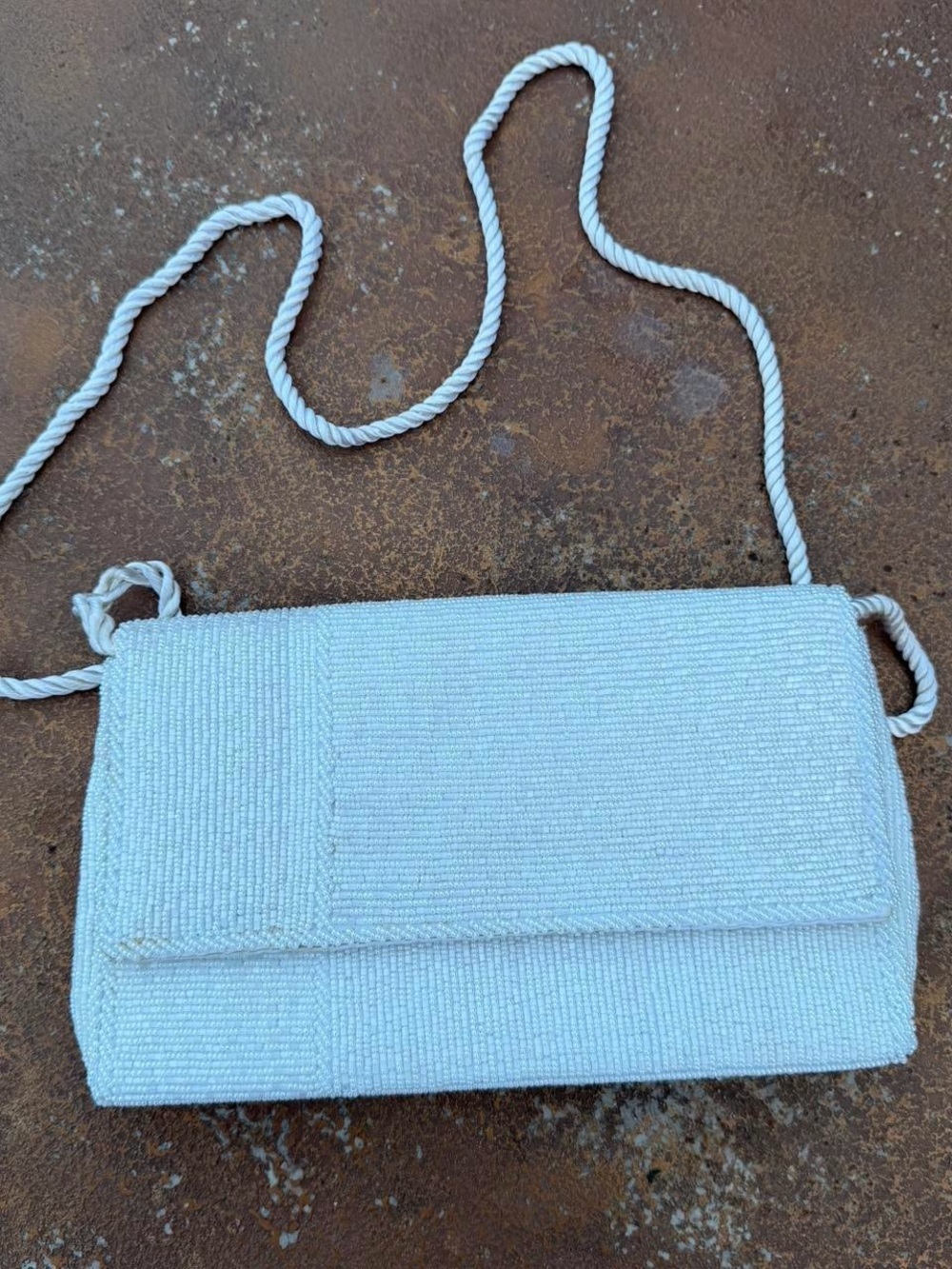 Vintage 1960s Walborg White beaded clutch with rope strap #classy #goingout
